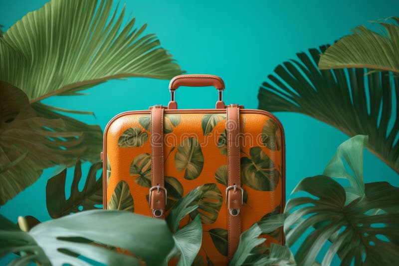 Summer Travel Suitcase with Tropical Green Leaves. Generative Ai Stock ...