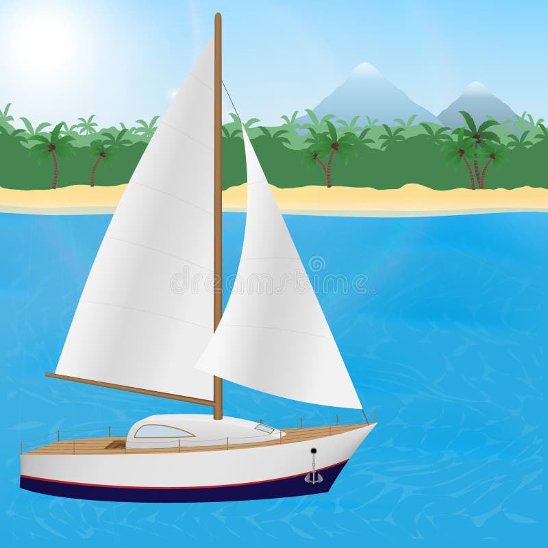 Summer travel to tropical paradise. Sailboat on a tropical island background. Sail yacht ona blue sea and a sand beach with palm trees and mountains. Vector illustration.