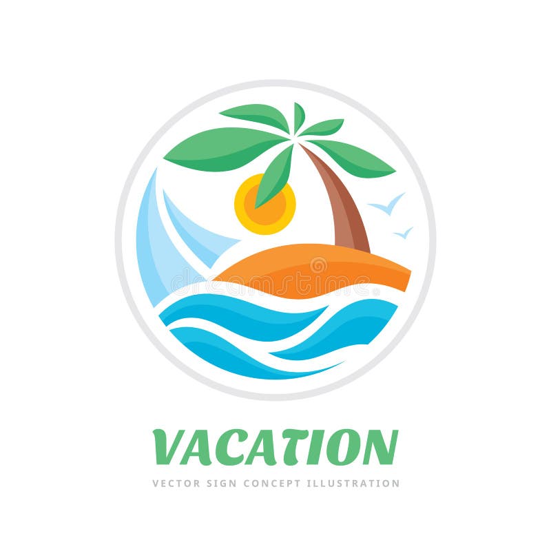 Summer travel vacation vector logo concept illustration in circle shape. Paradise beach color graphic sign. Sea resort, sun, palm royalty free illustration Summer travel vacation vector logo concept illustration in circle shape. Paradise beach color graphic sign. Sea resort, sun, palm royalty free illustration