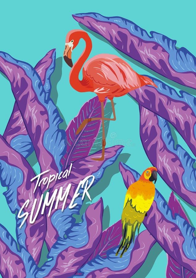 Summer Tropical Background. Flamingo Bird With Palm And Banana Leaves, Monstera And Datura Flowers