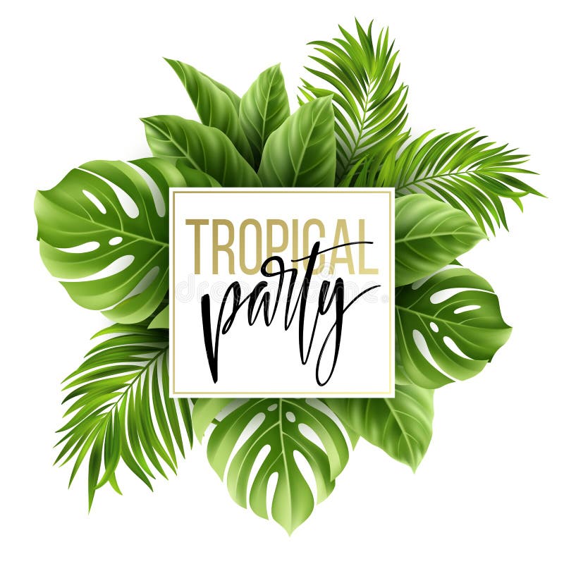 Summer tropical leaf background with exotic palm leaves. Party flyer template. Handwriting lettering. Vector