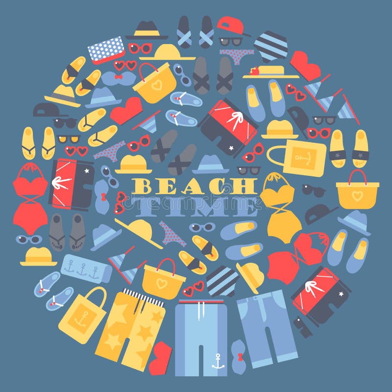 Summer vacation on the beach, set of icons in round frame composition. Vector illustration with summer clothes and vector illustration