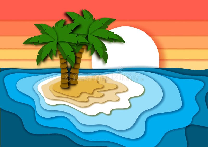 Summer vacation concept with bright tropical island, sand beach, sea or ocean waves and sunset sky. royalty free illustration Summer vacation concept with bright tropical island, sand beach, sea or ocean waves and sunset sky. royalty free illustration