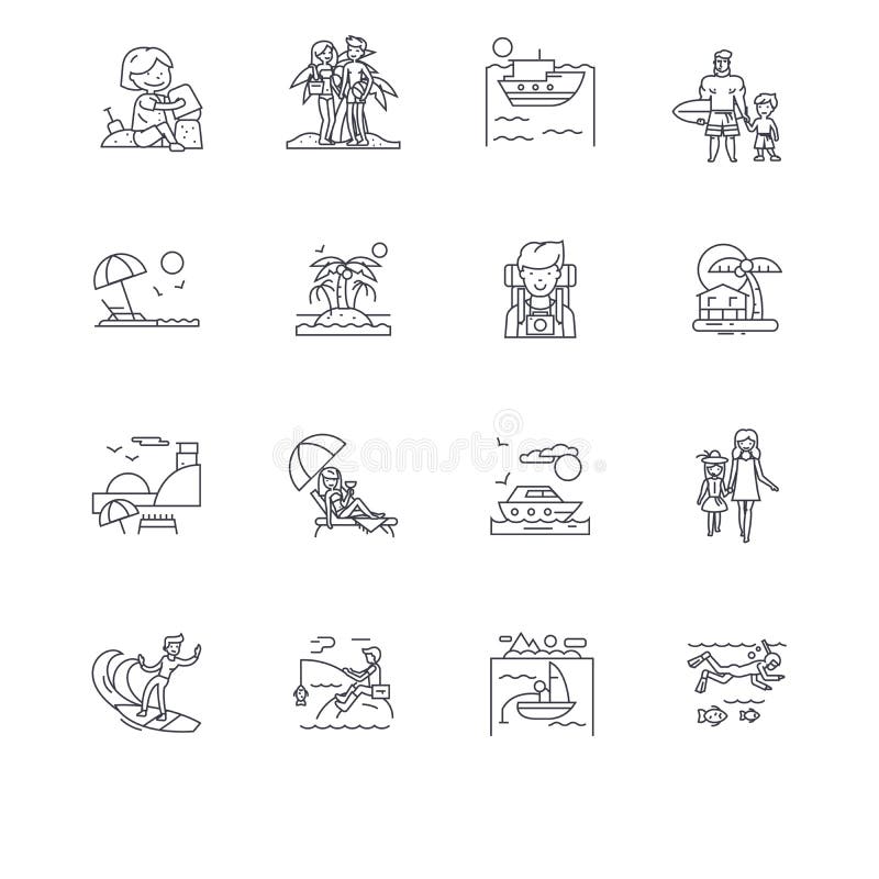 Summer vacation, family holiday, beach, sunny travel, fun, sun, sea trip line icons. Editable strokes. Flat design