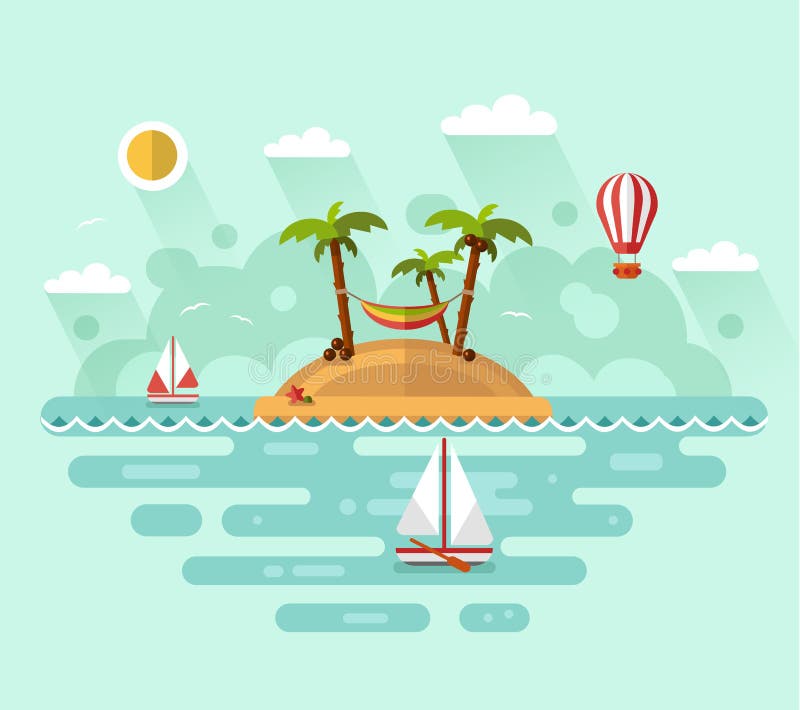 Flat design vector nature landscape illustration with tropical island, sun, palm, coconut, hammock, sailing boat, air balloon. Summer vacation on tropical island. Perfect holidays concept.