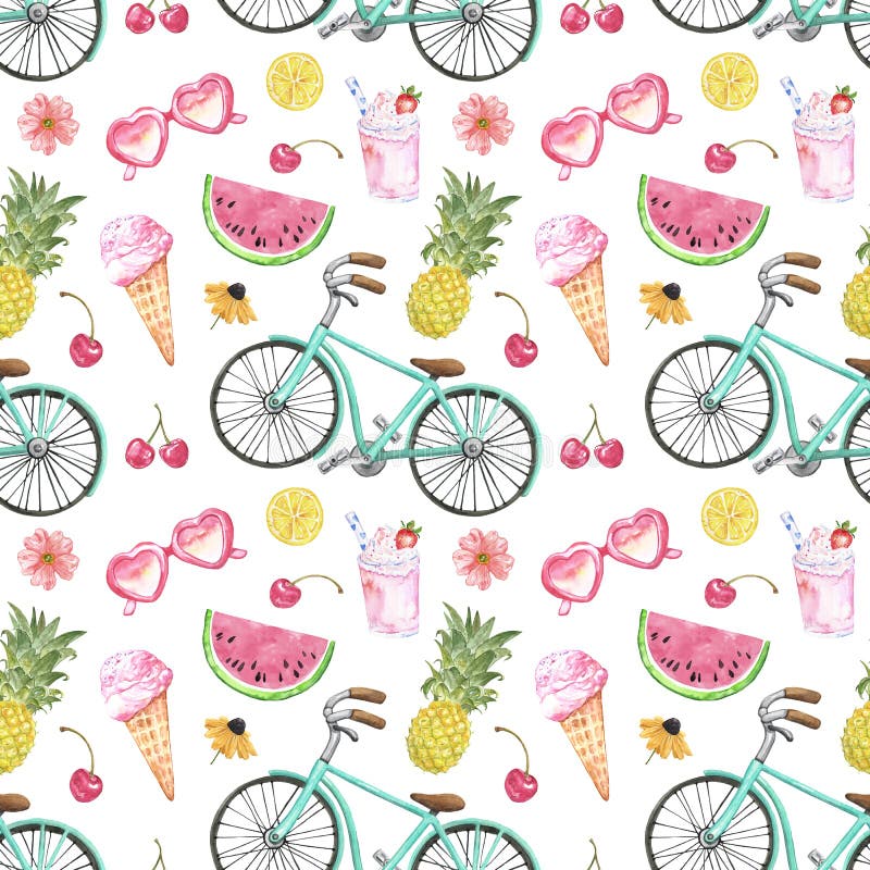 Summer vacation vibes seamless pattern with beach bicycle, ice cream, pineapple, watermelon on white background