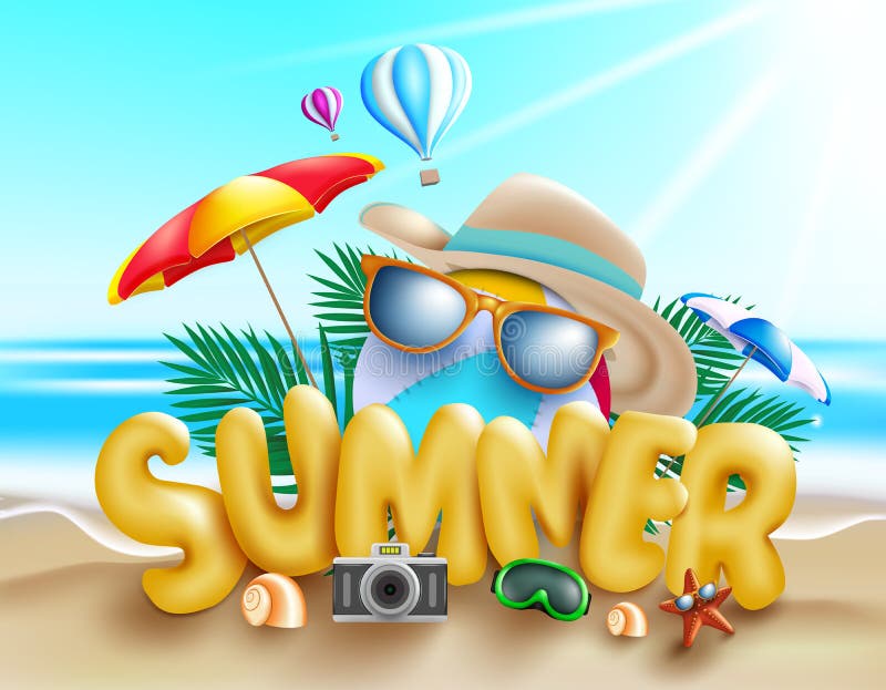 Summer vector concept design. Summer 3d text with fun and enjoy travel vacation elements like beachball, sunglasses, hat.