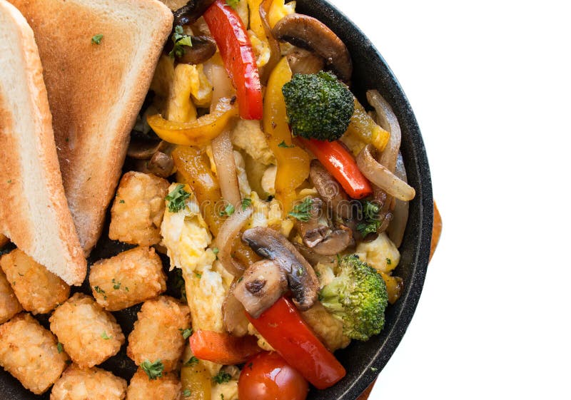Summer Veggie Skillet. Vegetable Brunch with Toasted Bread,hash Brown