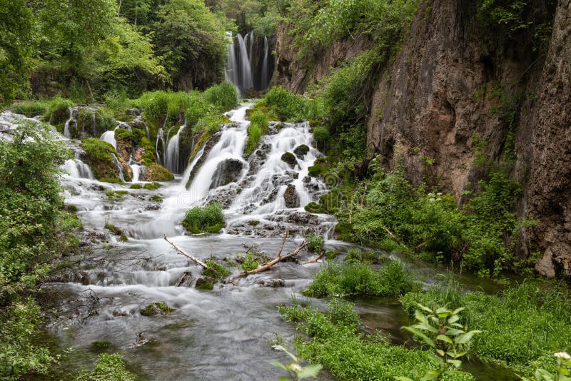 Summer view of Roughlock Falls in the Black Hills National Forest of South Dakota