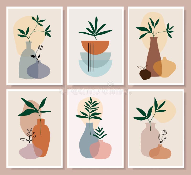Abstract decorative wall art, collection with summer leaves in vases, still life, line art stock illustration.