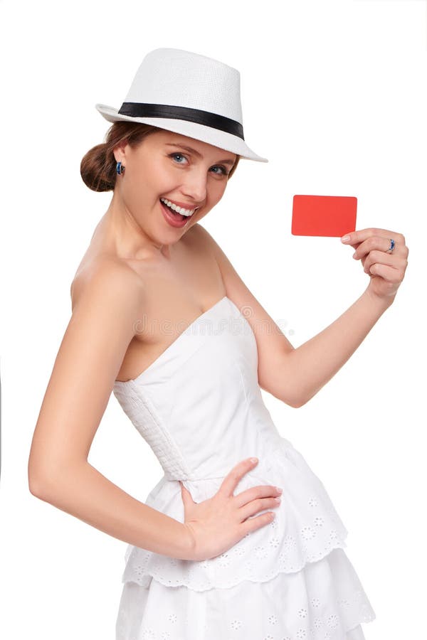 Summer woman showing credit card with copy space