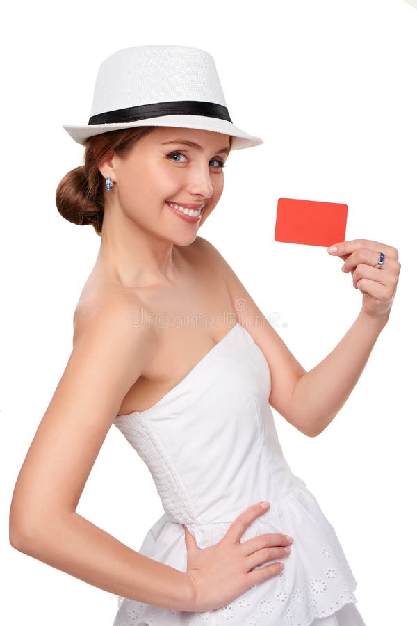 Summer woman showing credit card with copy space