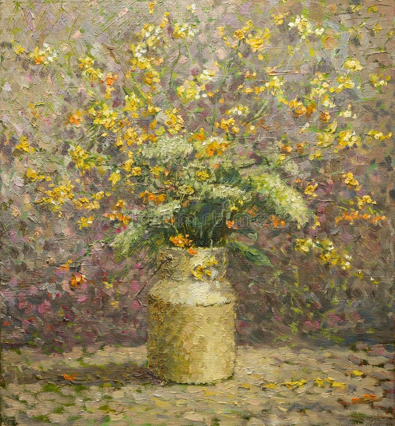 Yellow summer flowers on a motley background. still life. oil painting on canvas