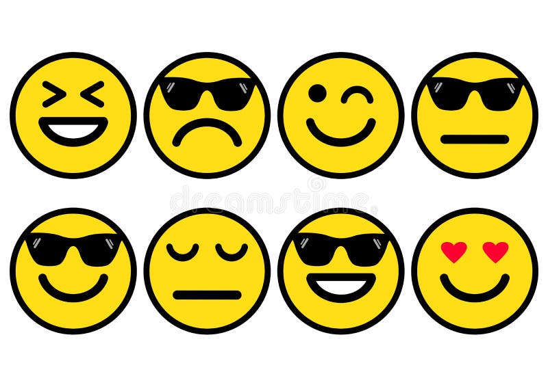 Summer yellow smileys in sunglasses, emoticons icon positive, neutral and negative. Vector illustration stock illustration Summer yellow smileys in sunglasses, emoticons icon positive, neutral and negative. Vector illustration stock illustration