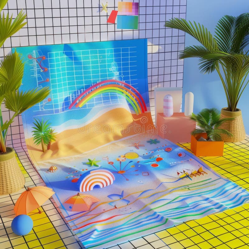 Redare 3d în rezumat a unui prosop de plajă imprimat cu vizualizări dinamice ale datelor royalty free illustration