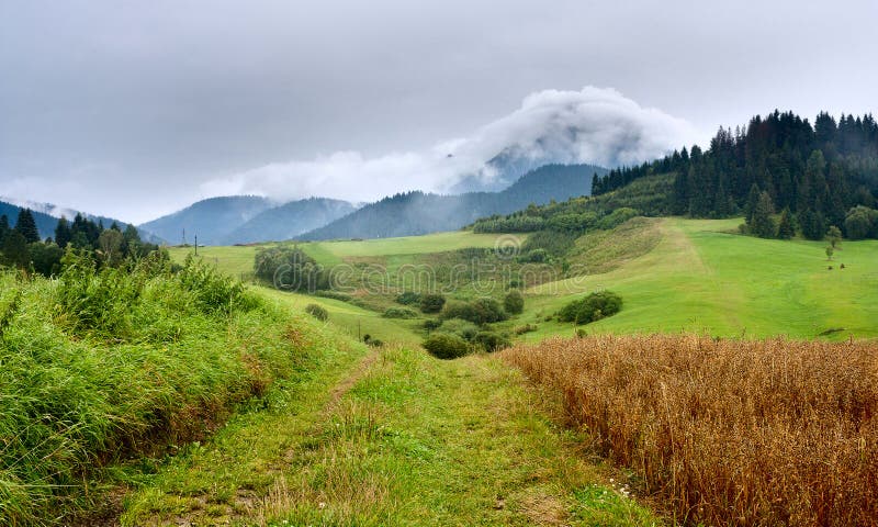 Summertime landscape with dirt road and view at covered with white clouds mount Velky Choc Great Choc in the Slovakia