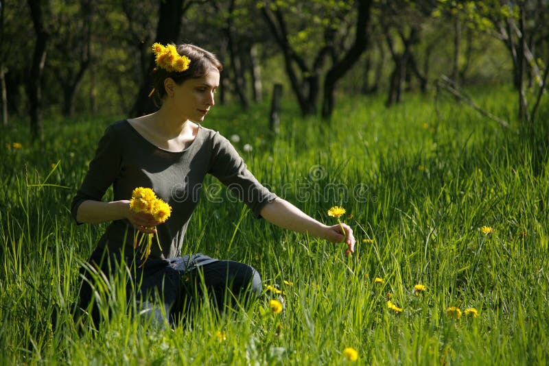 Capricciosa ritratto di una donna a raccogliere fiori in un prato, su una soleggiata di primavera o d'estate.