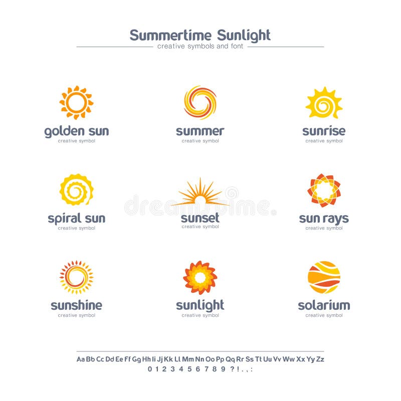 Summertime sunlight creative symbols set, font concept. Spiral sun rays, solarium abstract business logo. Summer sunrise