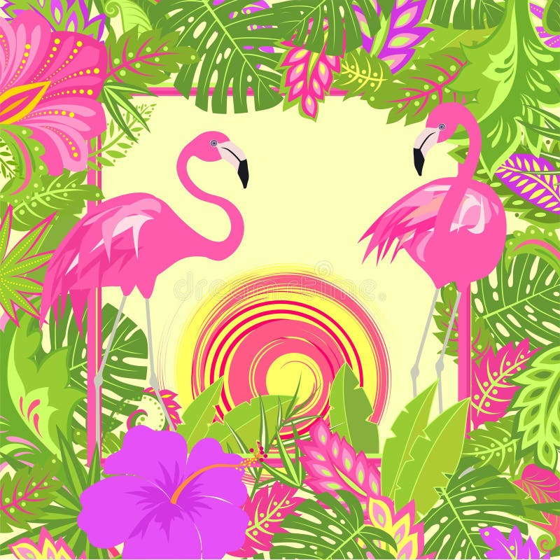 Summery флористическая предпосылка с тропическими листьями, пары прекрасного розового фламинго, горячее солнце и экзотические цве бесплатная иллюстрация