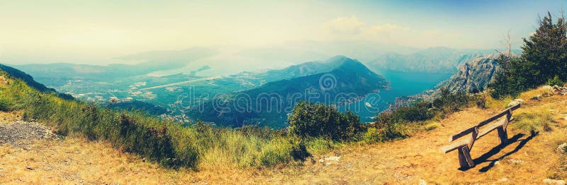 The sun beams light the Kotor bay and green mountains, Montenegro. royalty free stock photo The sun beams light the Kotor bay and green mountains, Montenegro. royalty free stock photo