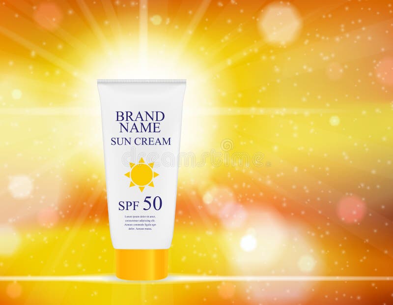 Sun Care Cream Bottle, Tube Template for Ads or Magazine Background. 3D Realistic Vector Iillustration