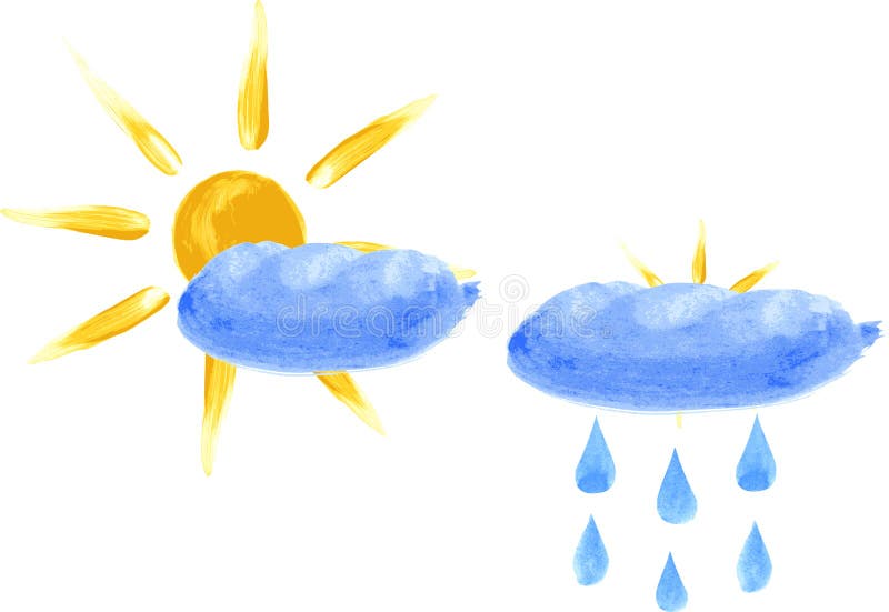 Slnko, slnko v mraky, dážď akvarel ilustrácie imitácia vektor.
