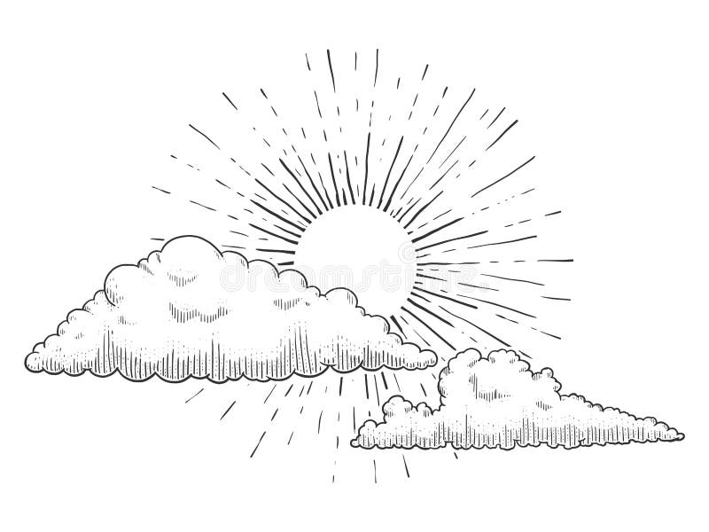 Sun with clouds and clouds engraving vector illustration. Scratch board style imitation. Hand drawn image. Sun with clouds and clouds engraving vector illustration. Scratch board style imitation. Hand drawn image.