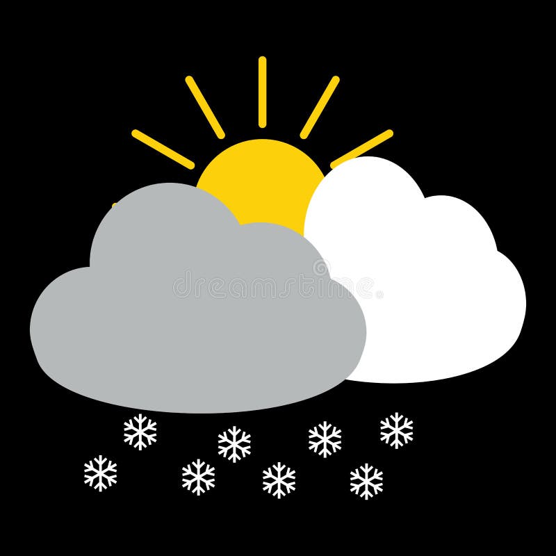 Sun con la nube gris con vector del icono de la escama de la nieve en backgro negro stock de ilustración Sun con la nube gris con vector del icono de la escama de la nieve en backgro negro stock de ilustración