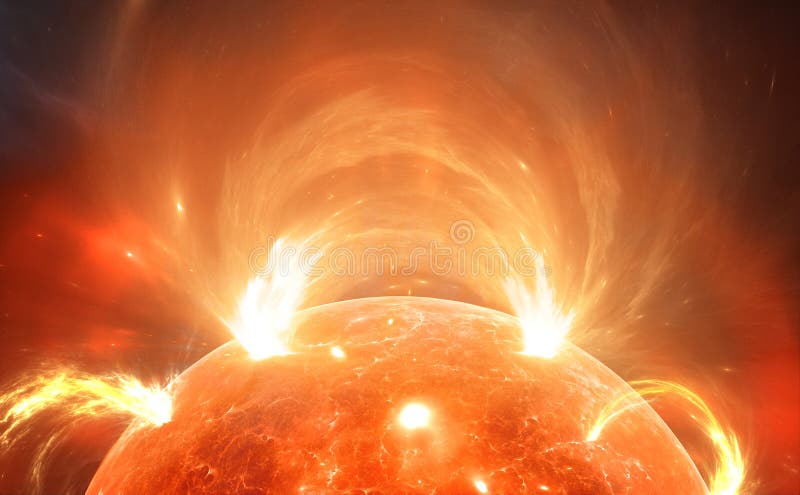 Sun with corona. Solar storm, solar flares vector illustration