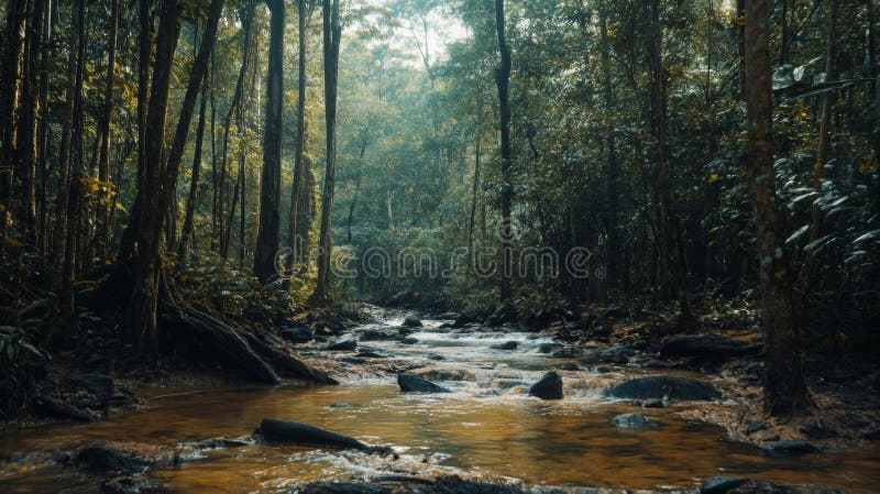 Sun Dappled Rainforest Stream stock illustrationer