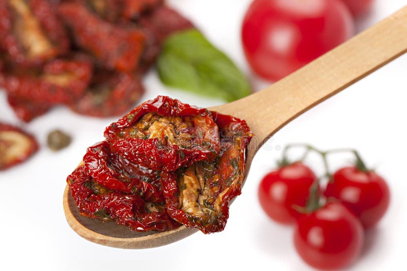Sun Dried Tomatoes with Basil and Fresh Tomatoes Stock Image Image of