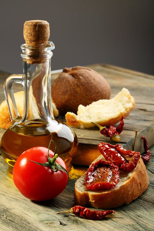 Sun dried tomatoes, white bread and olive oil.