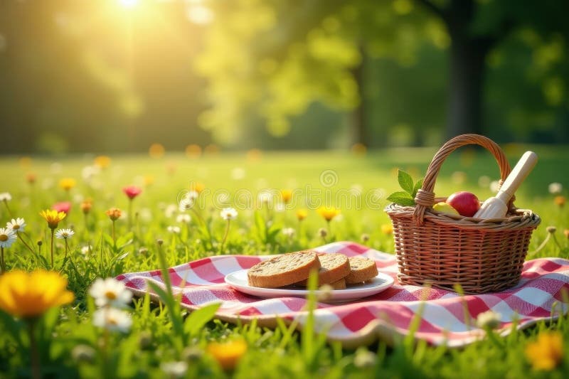 Sun-dränkt skugga-picknick-inställning vibrant blommar sommarfotografi vektor illustrationer
