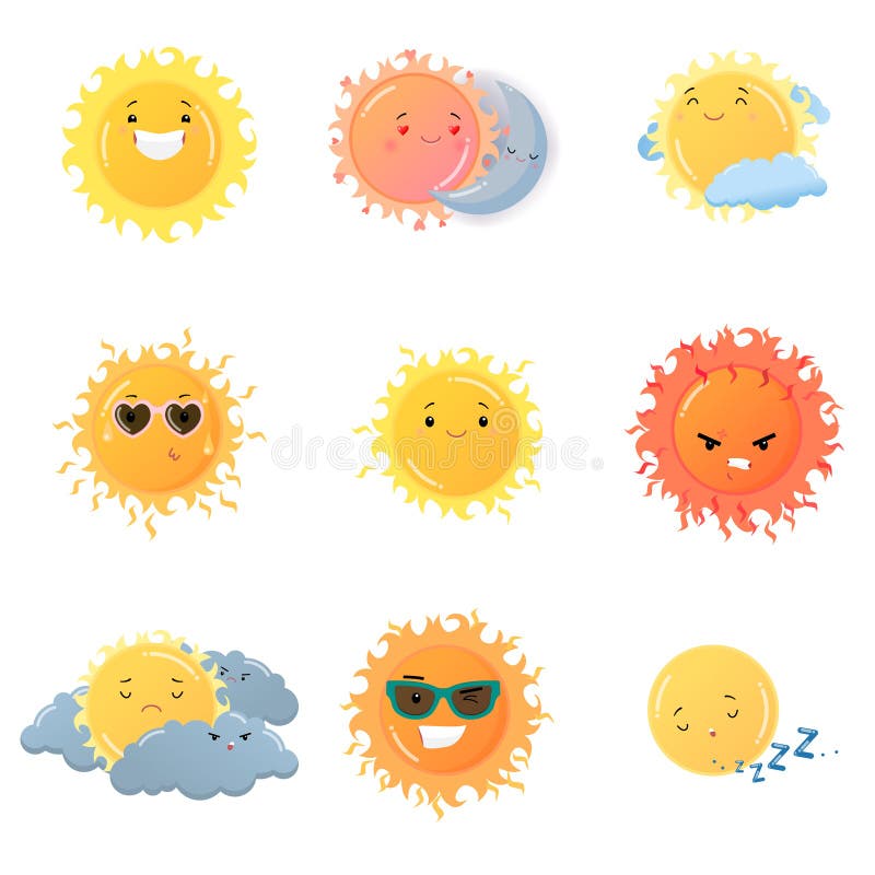 Sun emoji stickers set isolated on white background