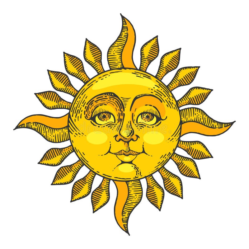 Sun with face color sketch engraving style vector