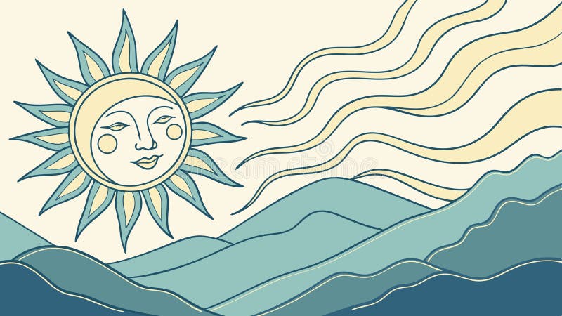 Sun Face, Mountains, Radiant Rays, Symbolic Landscape, vector design Generative AI stock illustration