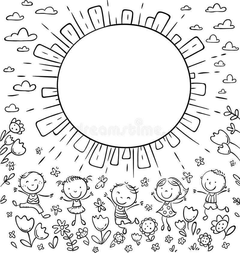 Happy doodle kids in a row with speech bubbles