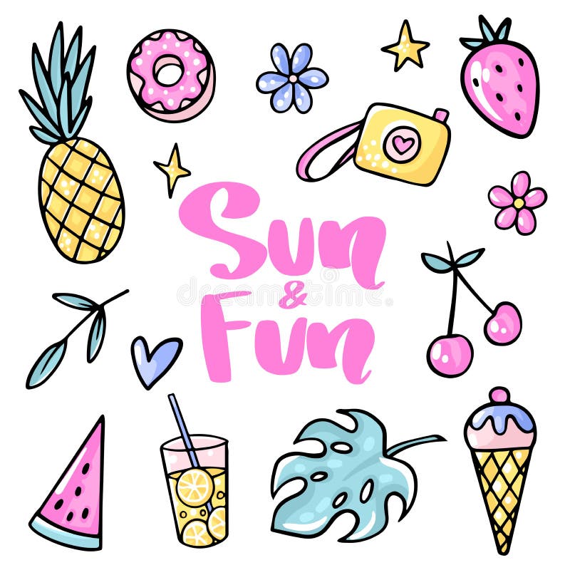 Sun and Fun. Pineapple, strawberry, cherry, ice cream, watermelon, tropical leaf, lemonade, flower, donut.