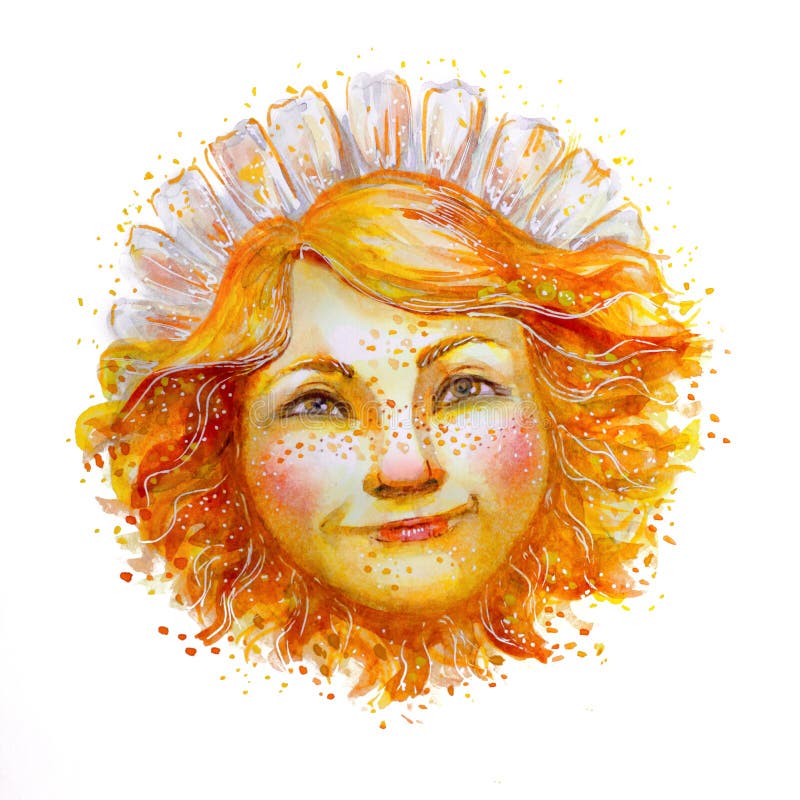 Orange sun girl with freckles smiling. Sunny portrait of a woman with a wreath of petals in her hair. Orange sun girl with freckles smiling. Sunny portrait of a woman with a wreath of petals in her hair