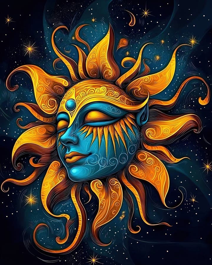 Sun God. Illustrated Poster Design. Wall Art. Generative Ai Stock