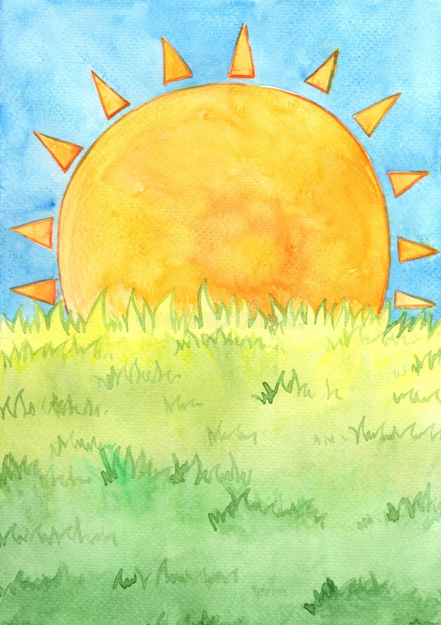 The Sun with Green Meadow Watercolor Hand Painting Background. Stock Image  - Image of festival, garden: 223582287
