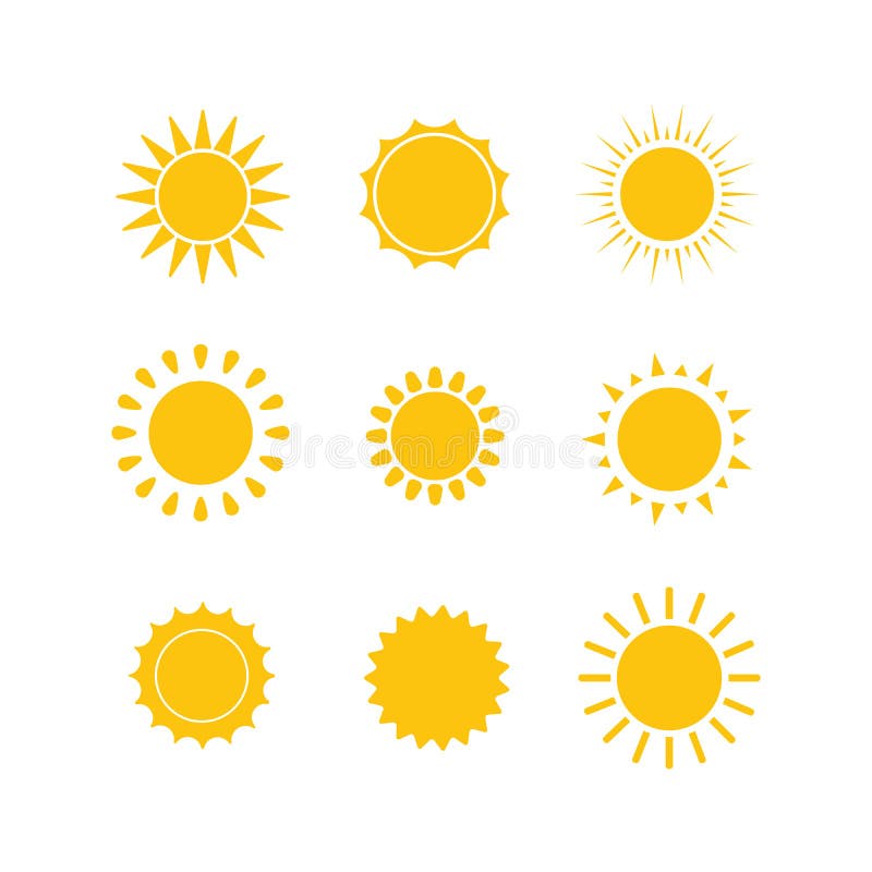 Sun Icon Set. Yellow Sun Icons Collection. Summer, Sunlight Sky. Vector ...