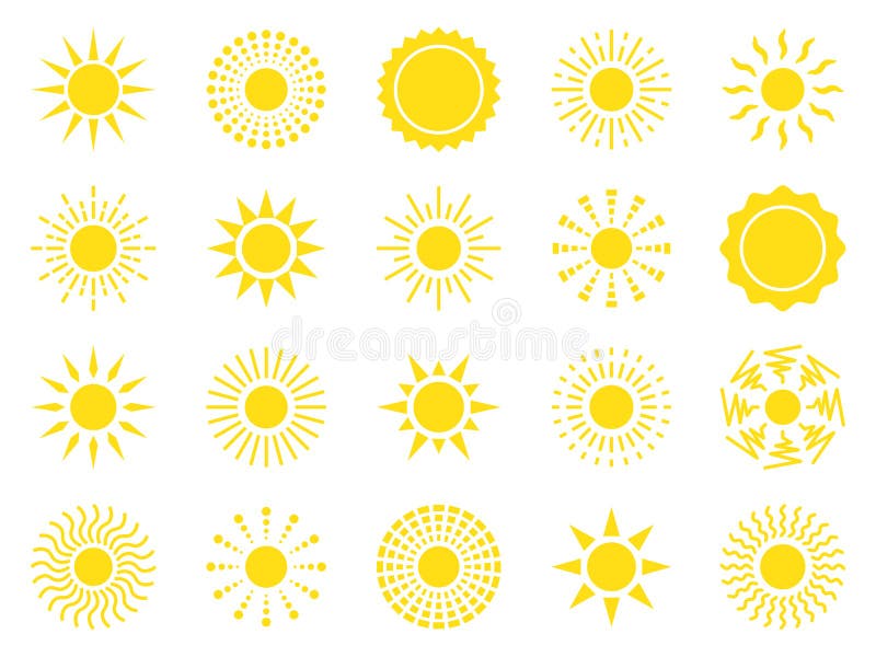 Sun Icon Set. Yellow Sun Star Icons Collection. Summer, Sunlight ...