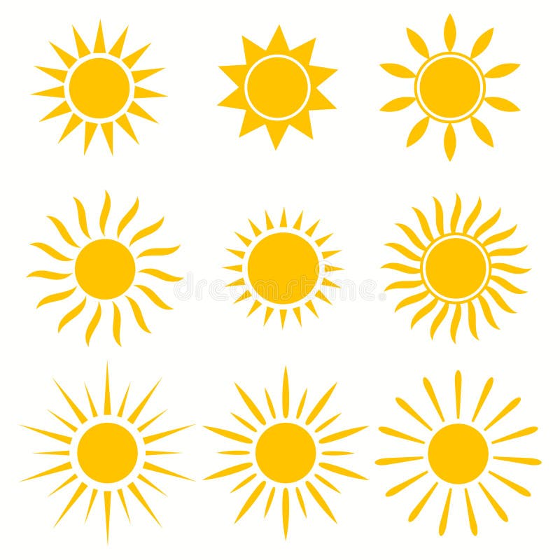 Sun Icons. Sunshine, Hot Summer and Sunrise Symbols, Gold Sunlight ...