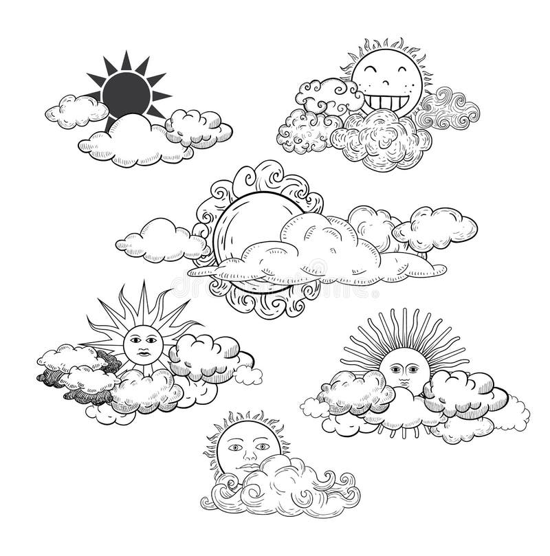 Sun mit Wolken Gekritzel-Hand gezeichneter Sammlung vektor abbildung Sun mit Wolken Gekritzel-Hand gezeichneter Sammlung vektor abbildung