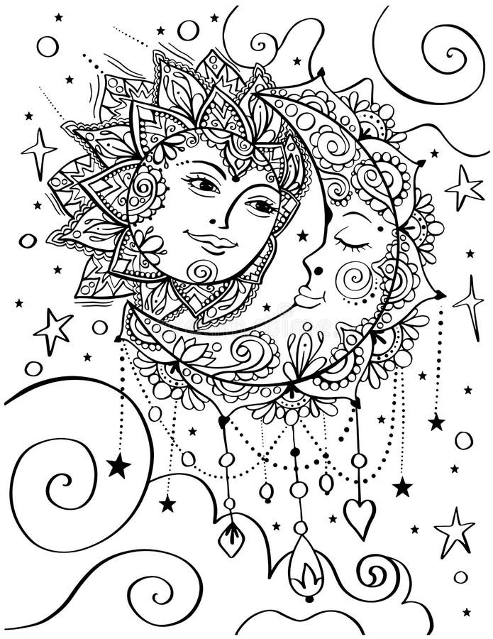 Sun and Moon Bohemian Style Adult Coloring Book Page Stock Vector ...