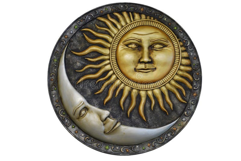 Tutta la visione di un personificato il sole e la luna, l'incisione e la decorazione con isolato su sfondo bianco.