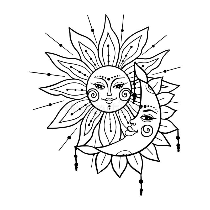 Sun And Moon Outline Illustration Tattoo Design Isolated On White Background Vector Stock Vector Illustration Of Icon Antique