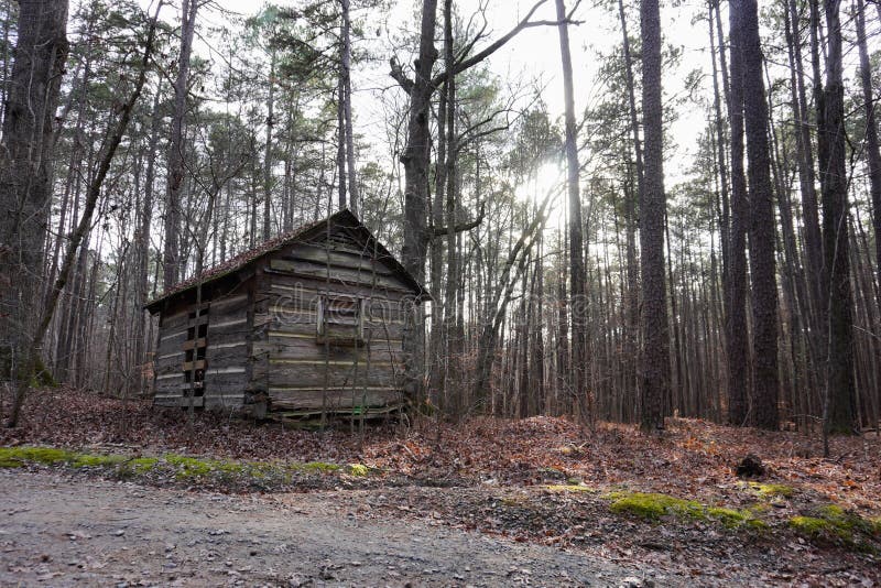 The sun peeks through the trees of the woods with an old log cabin in winter royalty free stock image The sun peeks through the trees of the woods with an old log cabin in winter royalty free stock image