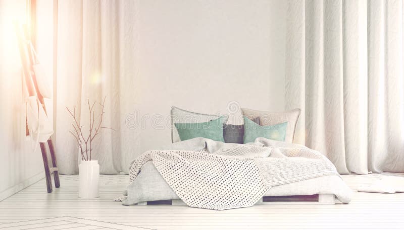 Sun Que Vierte En Dormitorio Con Las Cortinas Blancas Largas Foto